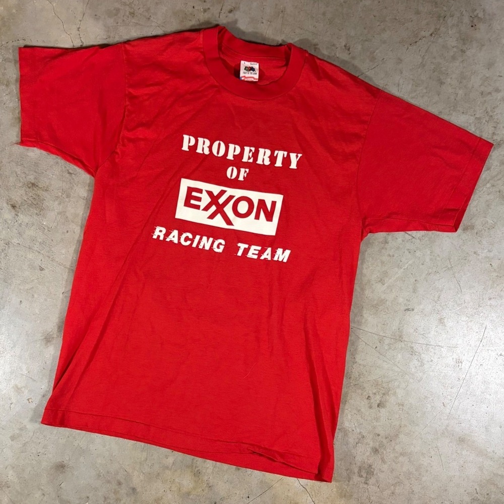 Vintage 90s Exxon Racing Team T Shirt Fruit of the Loom Red Single Stitch Large